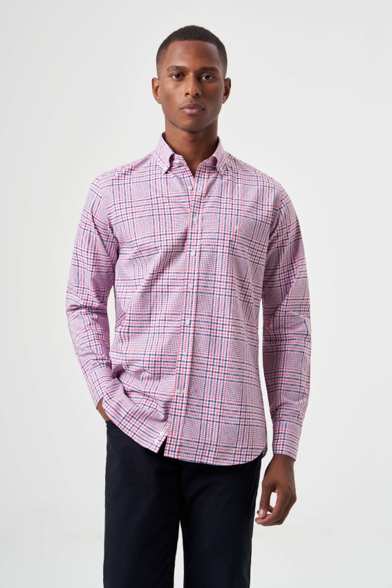 Regular Fit Kırmızı Ekoseli Paşa Yaka Spor Erkek Gömlek