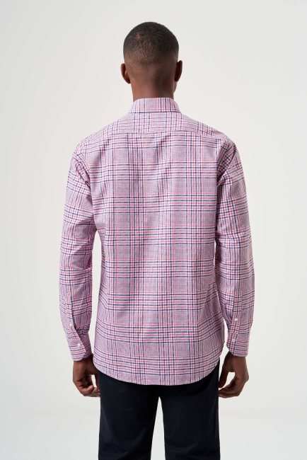 Regular Fit Kırmızı Ekoseli Paşa Yaka Spor Erkek Gömlek - 2