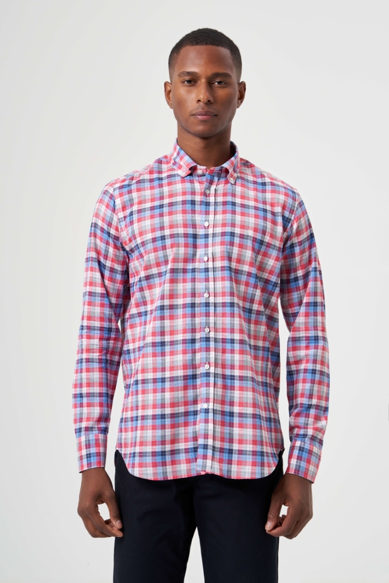 Regular Fit Kırmızı Ekoseli Paşa Yaka Yazlık Spor Erkek Gömlek