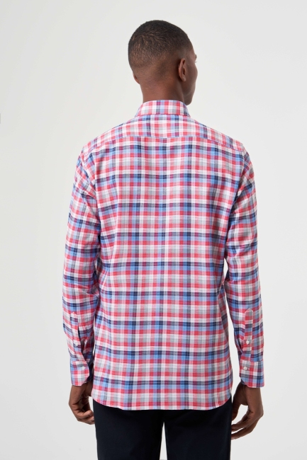 Regular Fit Kırmızı Ekoseli Paşa Yaka Yazlık Spor Erkek Gömlek - 2