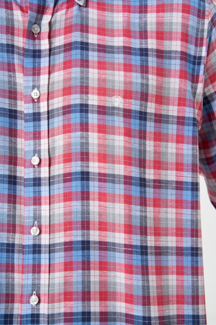 Regular Fit Kırmızı Ekoseli Paşa Yaka Yazlık Spor Erkek Gömlek - 3