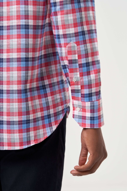 Regular Fit Kırmızı Ekoseli Paşa Yaka Yazlık Spor Erkek Gömlek - 4