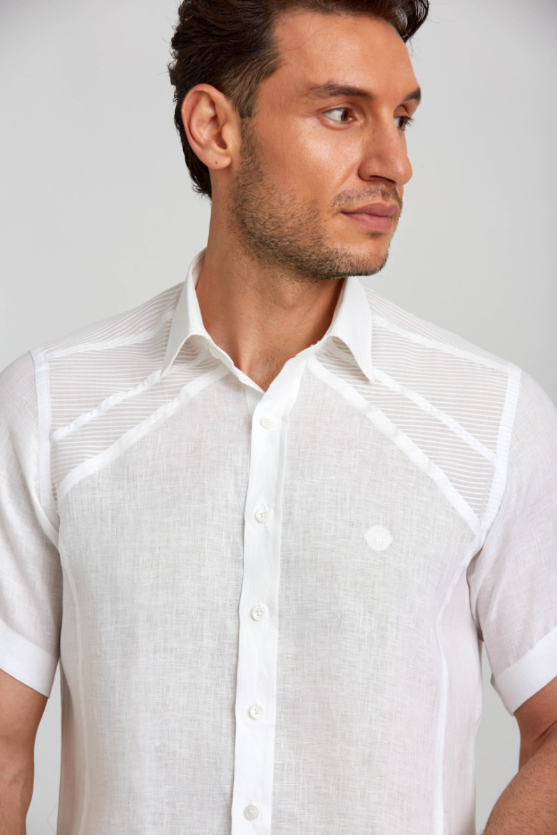 Regular Fit Kısa Kollu Beyaz Keten Erkek Gömlek - 3