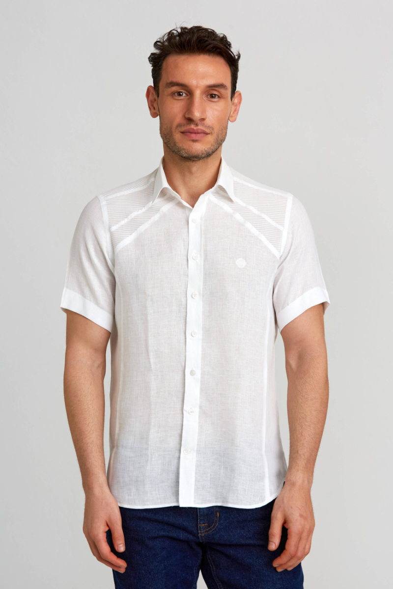 Regular Fit Kısa Kollu Beyaz Keten Erkek Gömlek