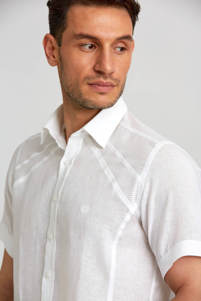 Regular Fit Kısa Kollu Beyaz Keten Erkek Gömlek - 4