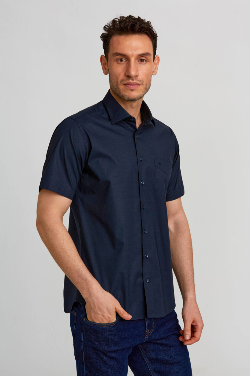 Regular Fit Kısa Kollu Lacivert Pamuk Erkek Gömlek - 4