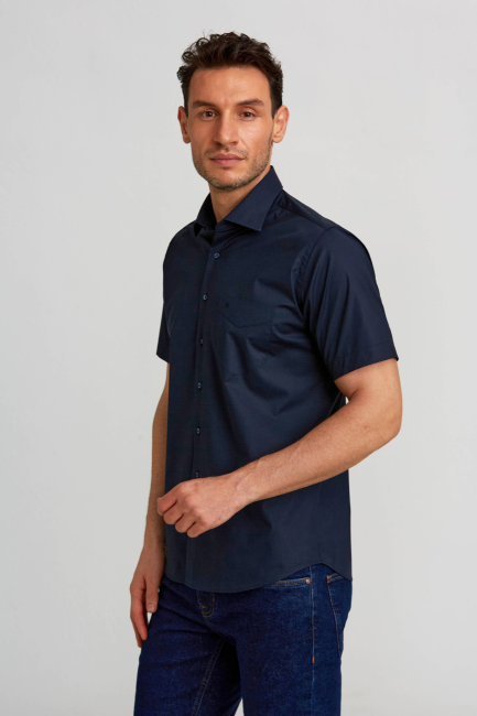 Regular Fit Kısa Kollu Lacivert Pamuk Erkek Gömlek - 5