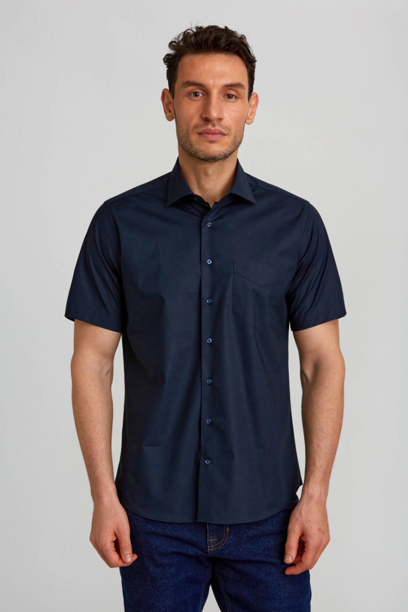 Regular Fit Kısa Kollu Lacivert Pamuk Erkek Gömlek