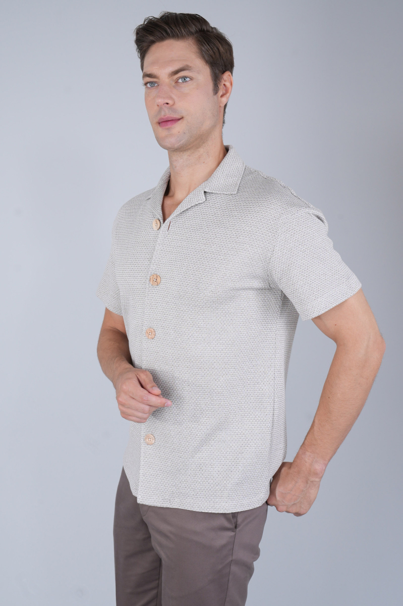 Regular Fit  Kısa Kollu Örme Cepsiz Ekru Erkek Gömlek - 5