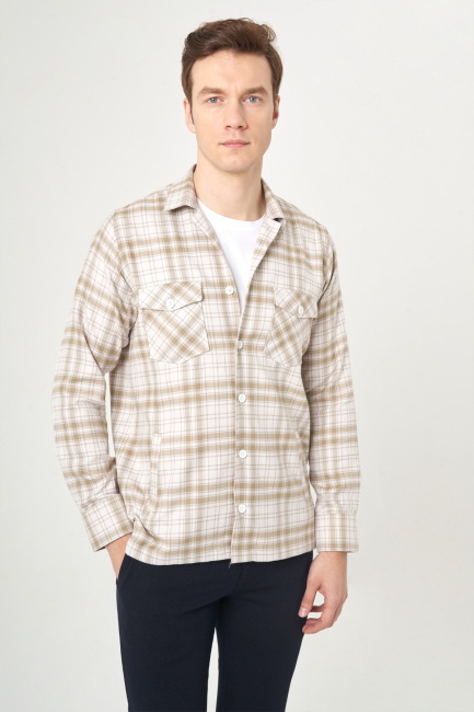 Regular Fit Beige Flannel Men's Shirt - 1