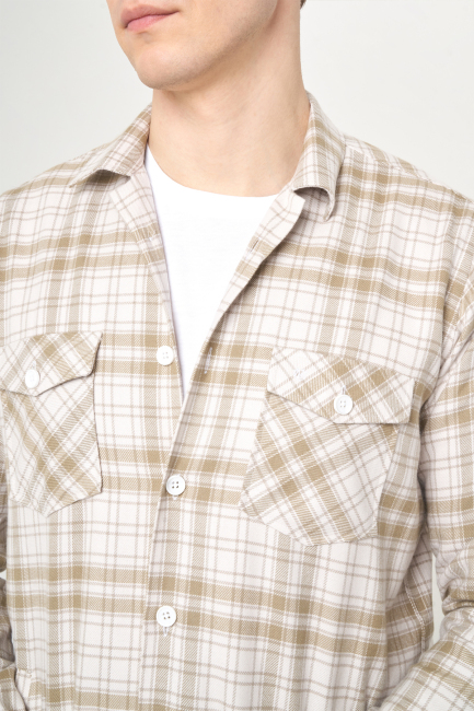 Regular Fit Beige Flannel Men's Shirt - 3