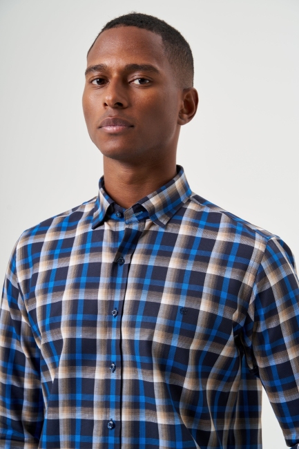 Regular Fit Kışlık Ekose Lacivert Spor Erkek Gömlek - 4