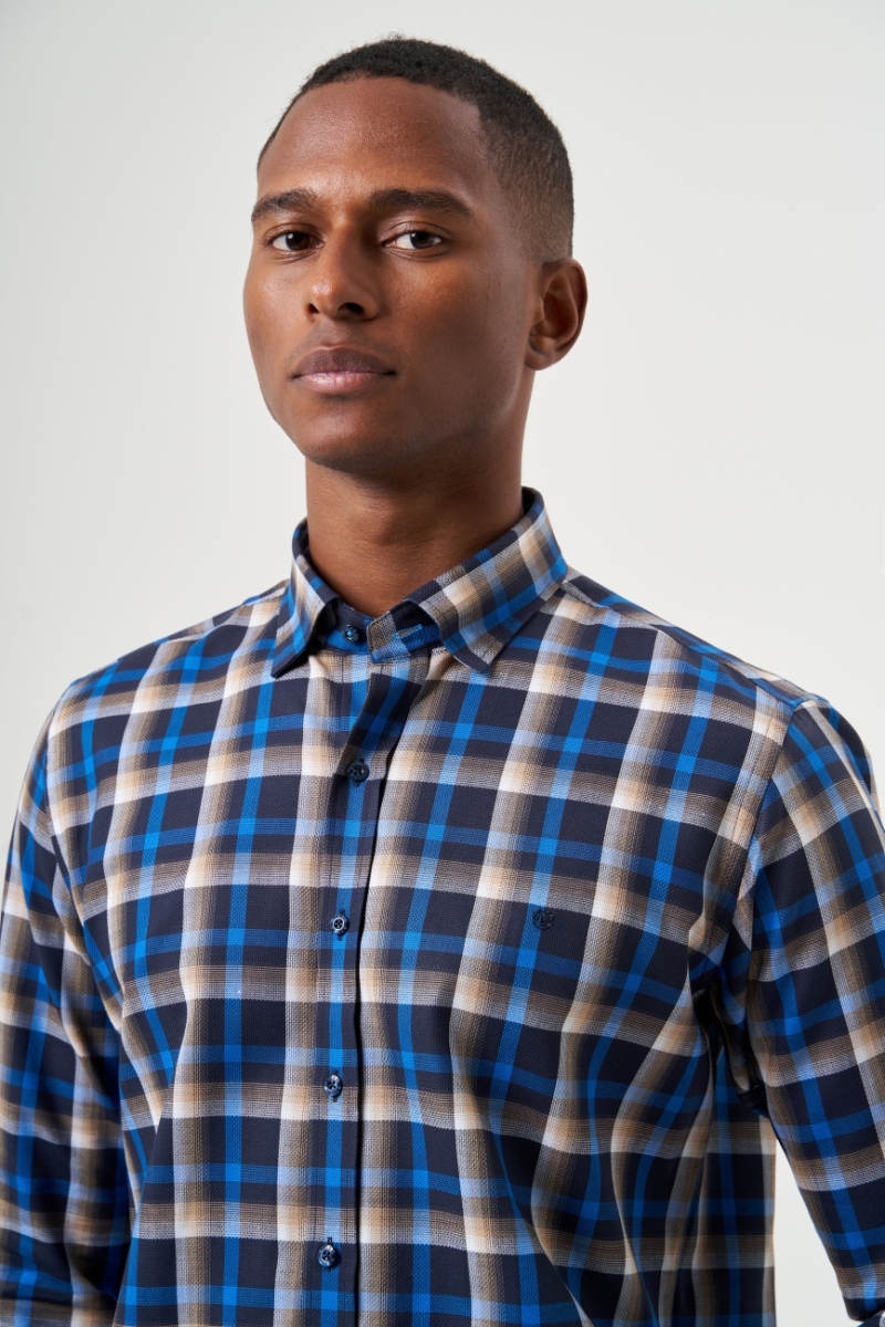 Regular Fit Kışlık Ekose Lacivert Spor Erkek Gömlek - 4