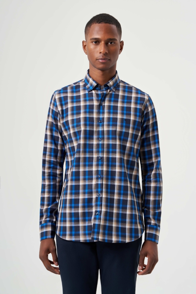 Regular Fit Kışlık Ekose Lacivert Spor Erkek Gömlek