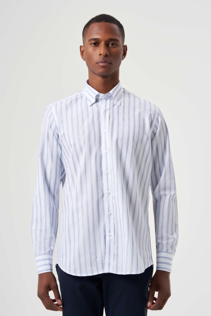 Regular Fit Klasik Çizgili Mavi Erkek Gömlek - 1