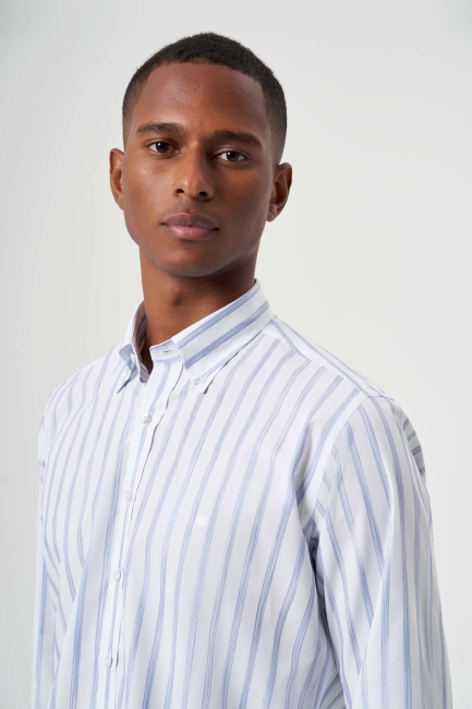 Regular Fit Klasik Çizgili Mavi Erkek Gömlek - 5