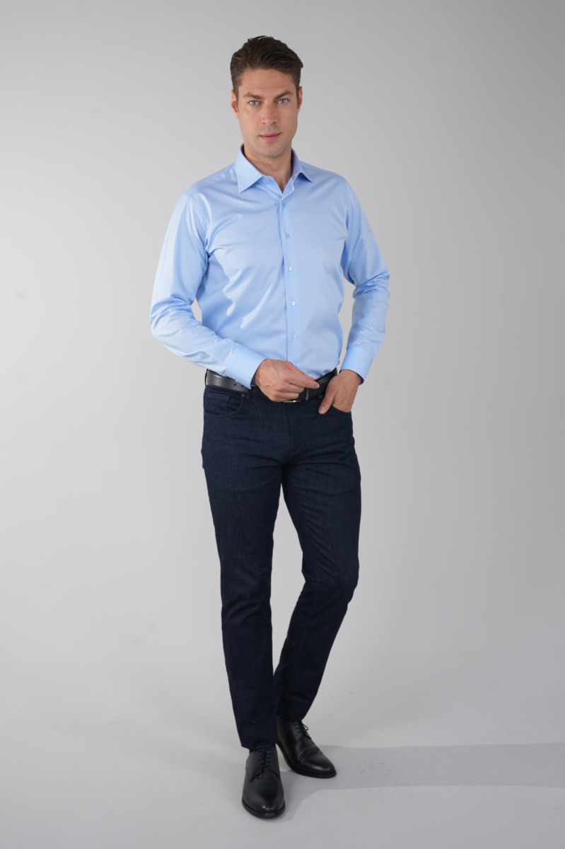 Regular Fit Klasik D Yaka Cepsiz Mavi Erkek Gömlek - 5