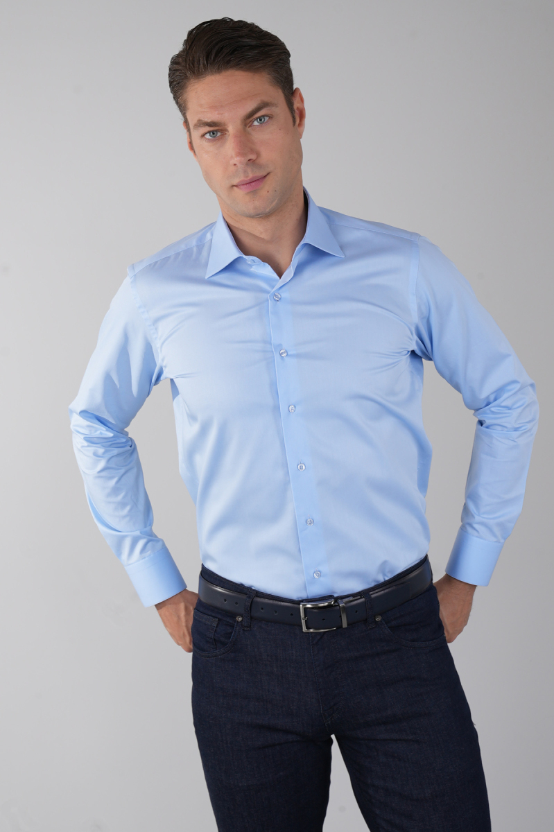 Regular Fit Klasik D Yaka Cepsiz Mavi Erkek Gömlek