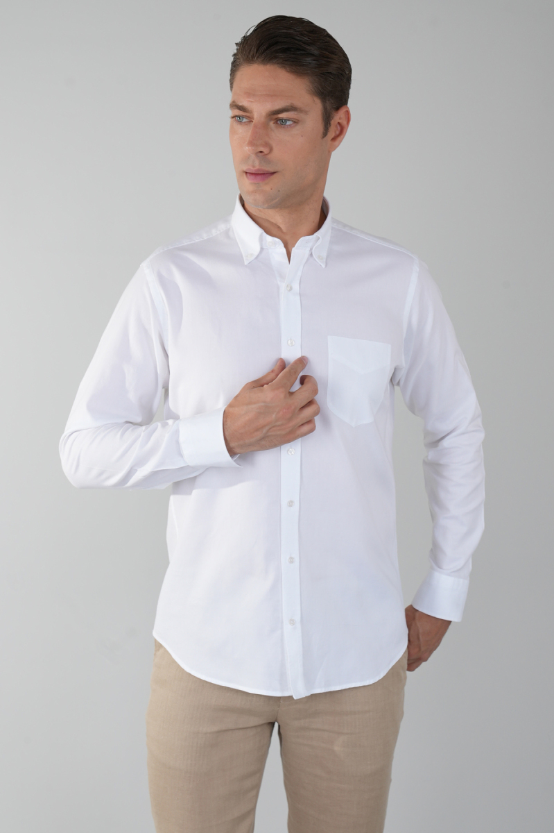 Regular Fit  Klasik Tek Cep Beyaz Erkek Gömlek