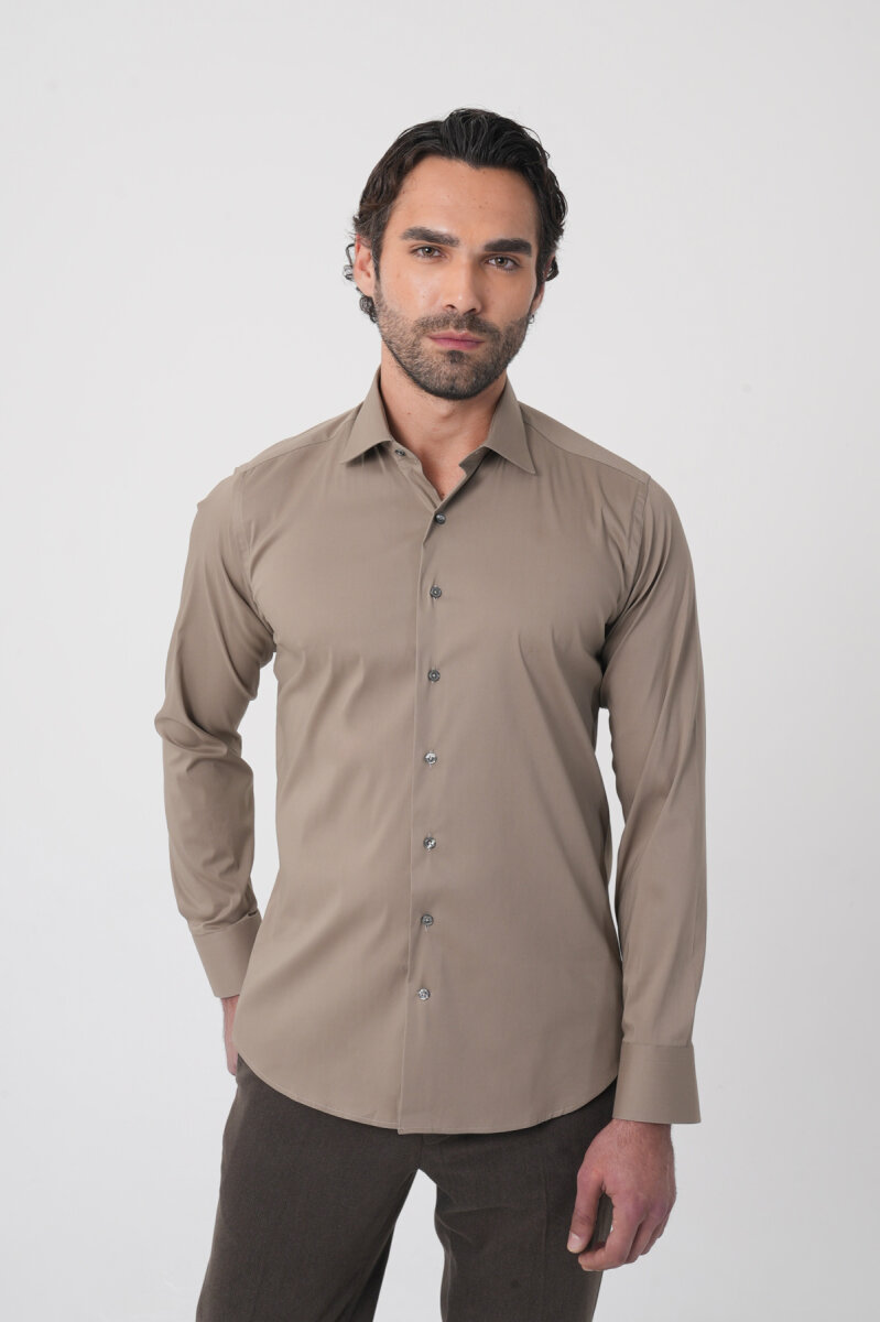 Regular Fit Klasik Yaka Cepsiz Açık Kahve Erkek Gömlek - 2