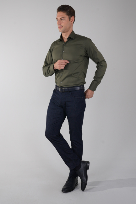 Regular Fit Klasik Yaka Cepsiz Haki Erkek Gömlek - 5