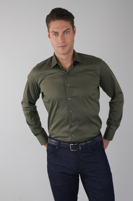 Regular Fit Klasik Yaka Cepsiz Haki Erkek Gömlek 