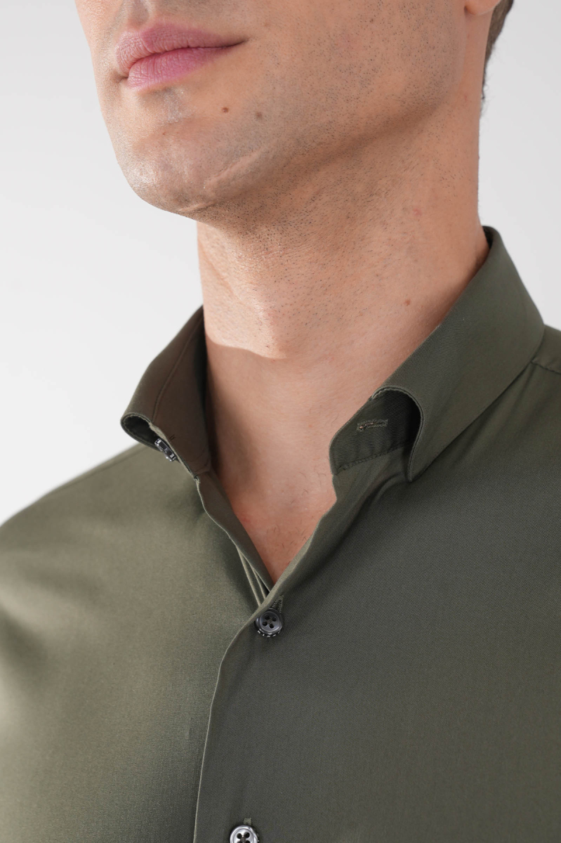 Regular Fit Klasik Yaka Cepsiz Haki Erkek Gömlek - 3
