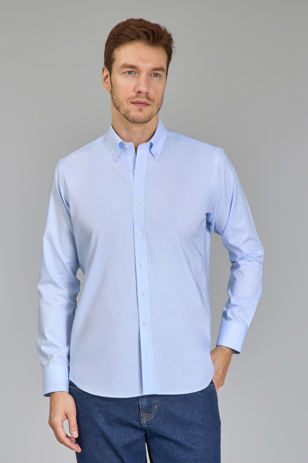 Regular Fit Klasik Yaka Düğmeli Açık Mavi Erkek Gömlek - 5