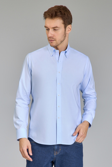 Regular Fit Klasik Yaka Düğmeli Açık Mavi Erkek Gömlek - 1