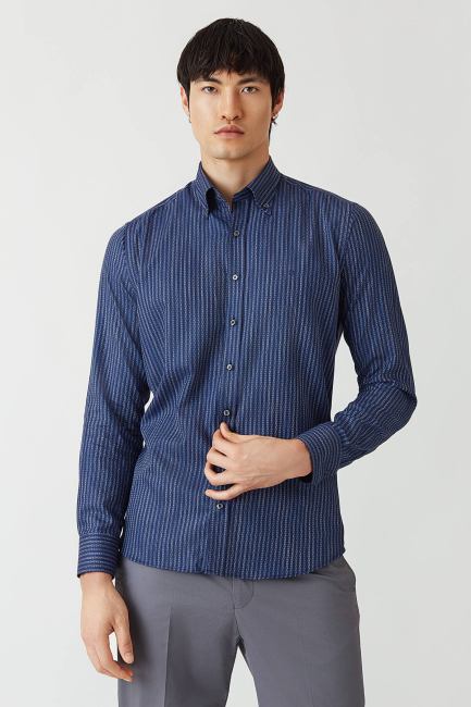 Regular Fit Lacivert Düğmeli Yaka Spor Erkek Gömlek - 1
