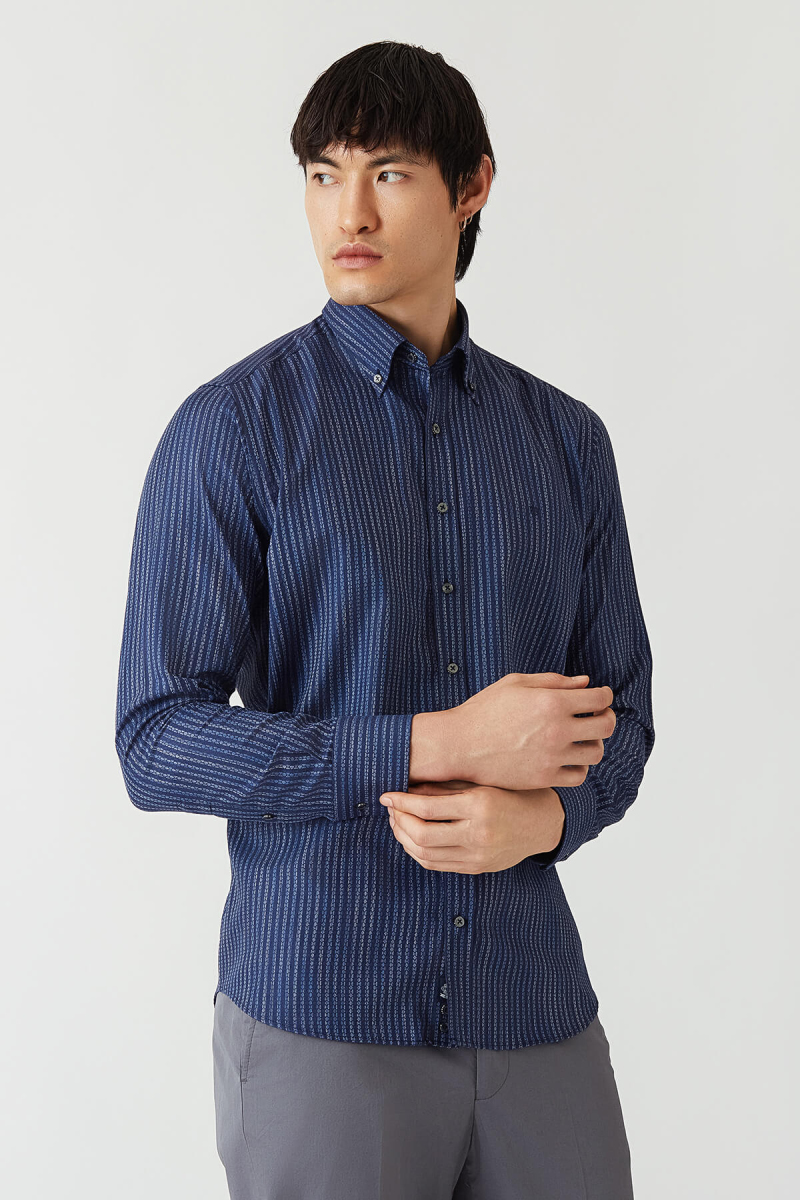 Regular Fit Lacivert Düğmeli Yaka Spor Erkek Gömlek - 5