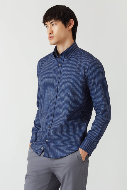 Regular Fit Lacivert Düğmeli Yaka Spor Erkek Gömlek - 4