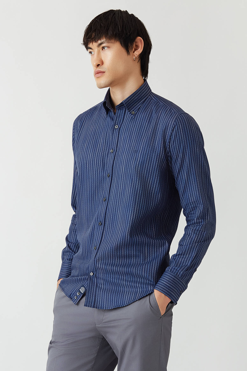 Regular Fit Lacivert Düğmeli Yaka Spor Erkek Gömlek - 4