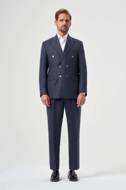 Regular Fit Lacivert Erkek Pamuk Keten Takım Elbise - 1