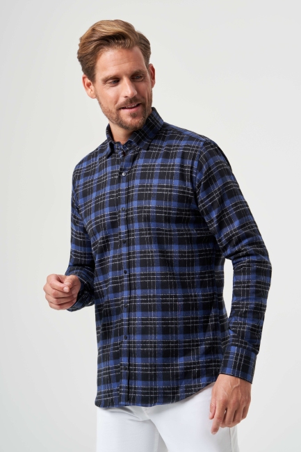 Regular Fit Navy Blue Flannel Men's Shirt - 1