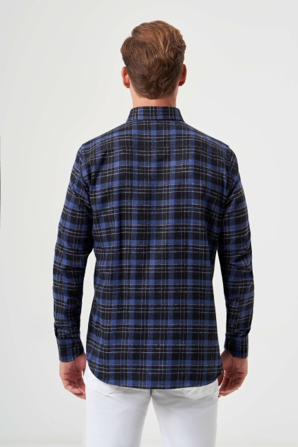Regular Fit Navy Blue Flannel Men's Shirt - 2