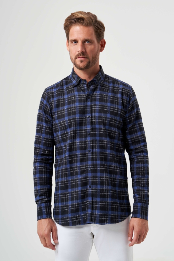 Regular Fit Navy Blue Flannel Men's Shirt - 3