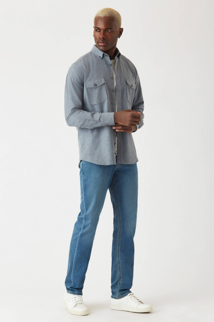Regular Fit Lacivert Flanel Paşa Yaka Erkek Gömlek - 4