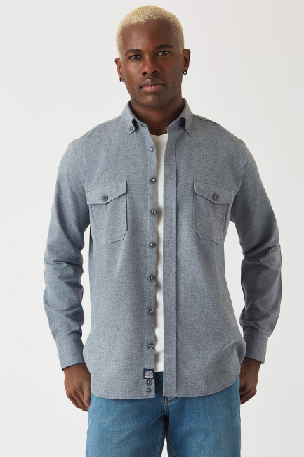 Regular Fit Lacivert Flanel Paşa Yaka Erkek Gömlek - 1