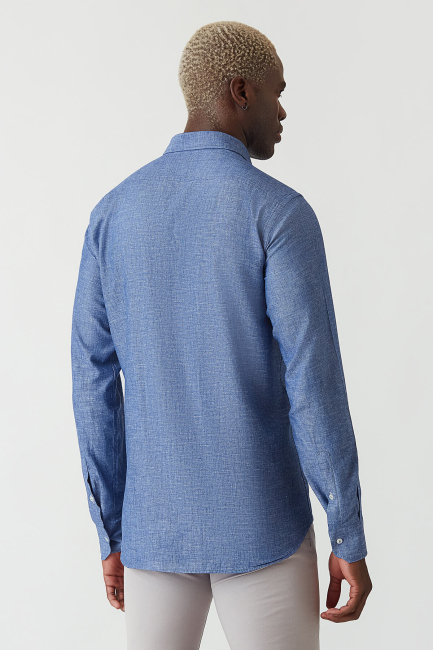 Regular Fit Lacivert Keten Pamuk Spor Erkek Gömlek - 2