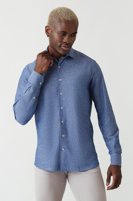 Regular Fit Lacivert Keten Pamuk Spor Erkek Gömlek - 4
