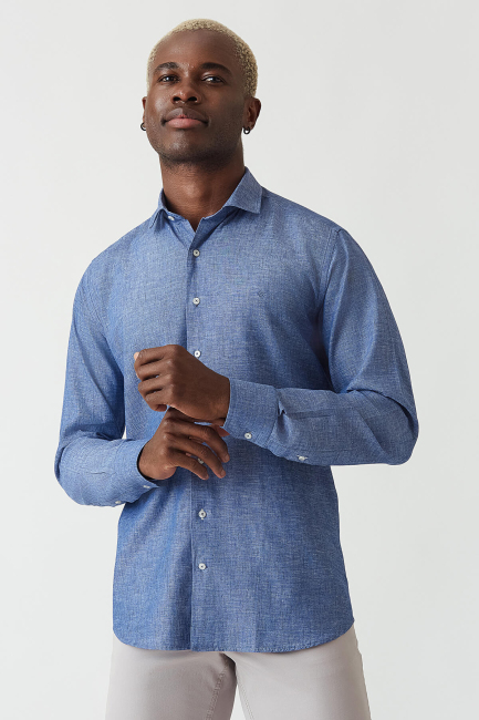Regular Fit Lacivert Keten Pamuk Spor Erkek Gömlek - 5