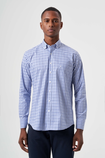 Regular Fit Lacivert Yazlık Ekose Paşa Yaka Spor Erkek Gömlek 