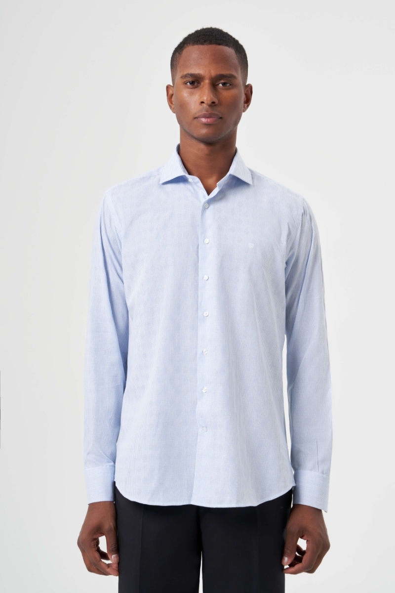 Regular Fit Mavi Çizgili İtalyan Yaka Klasik Erkek Gömlek
