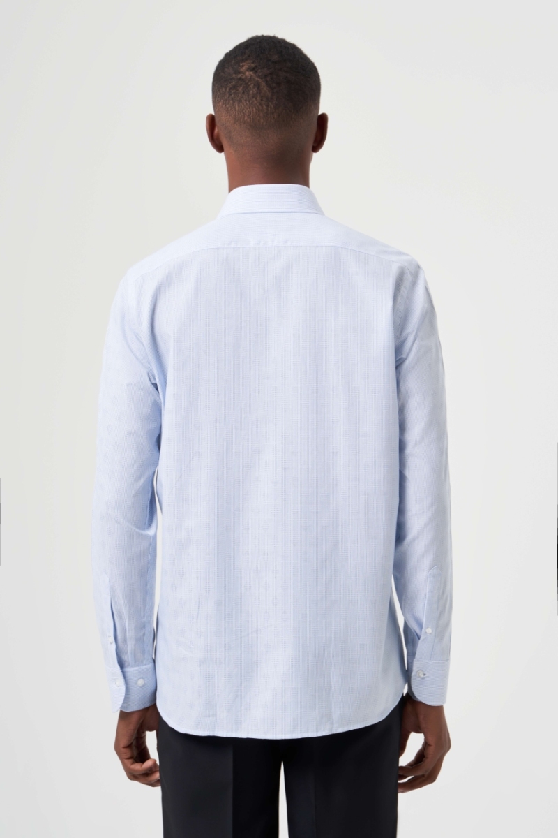 Regular Fit Mavi Çizgili İtalyan Yaka Klasik Erkek Gömlek (1)