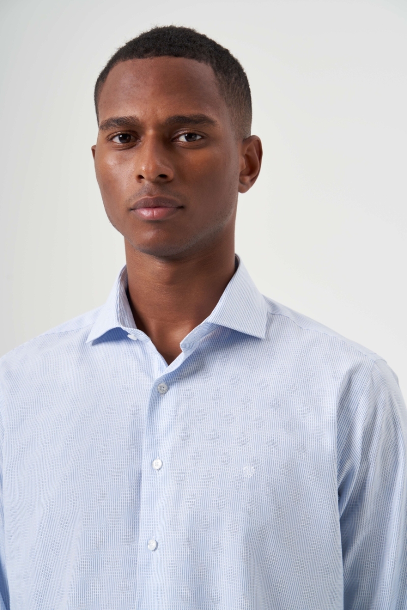 Regular Fit Mavi Çizgili İtalyan Yaka Klasik Erkek Gömlek - 5