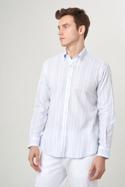 Regular Fit Mavi Çizgili Keten Karışımlı Spor Erkek Gömlek