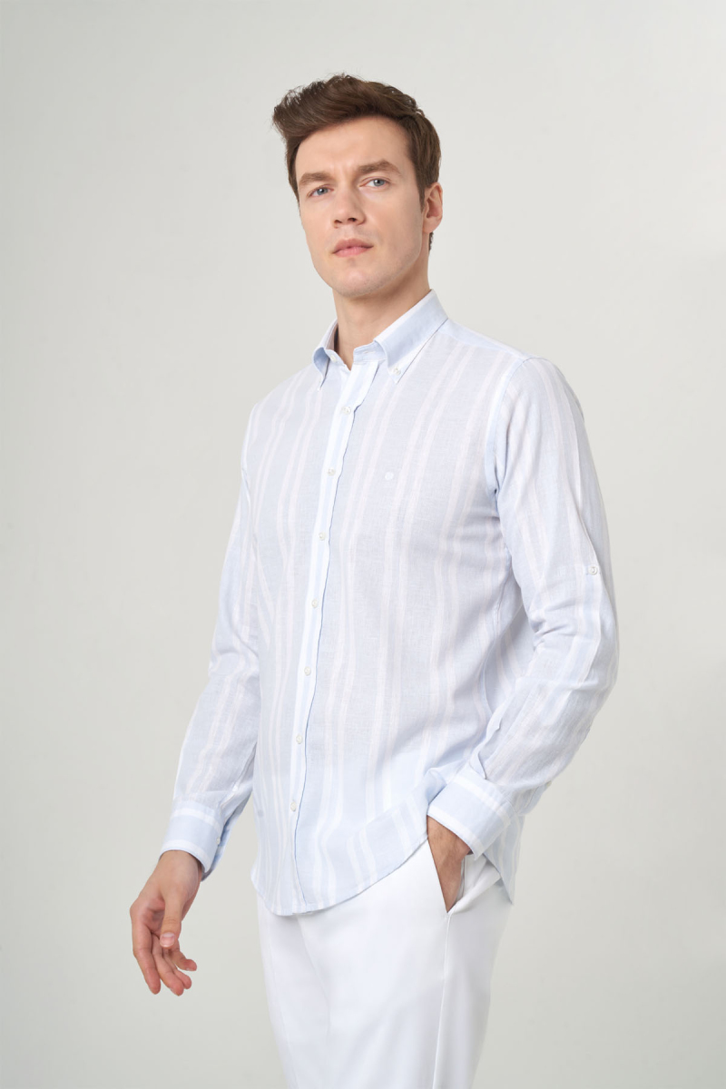 Regular Fit Mavi Çizgili Keten Karışımlı Spor Erkek Gömlek - 4