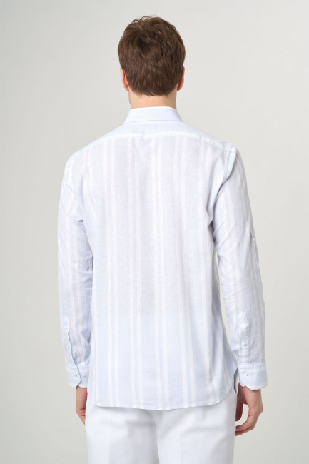 Regular Fit Mavi Çizgili Keten Karışımlı Spor Erkek Gömlek (1)