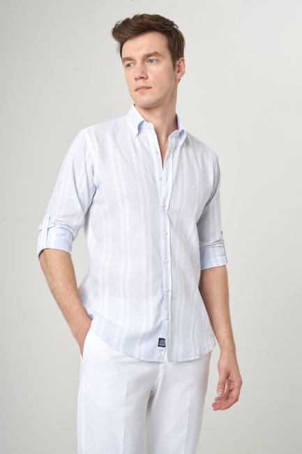 Regular Fit Mavi Çizgili Keten Karışımlı Spor Erkek Gömlek - 5